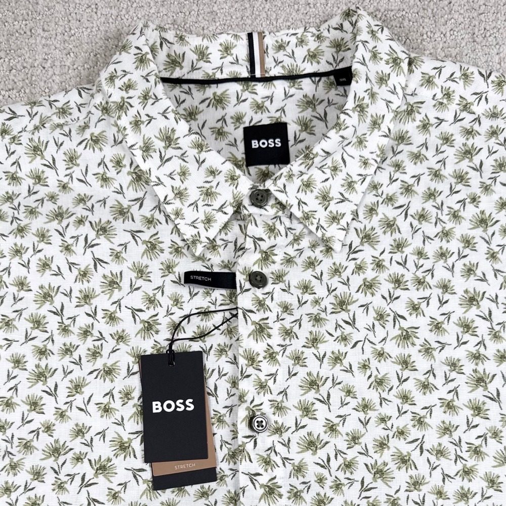 NEW HUGO BOSS Mens 3XL Floral Roan Stretch Linen Blend Short Sleeve Button Shirt
